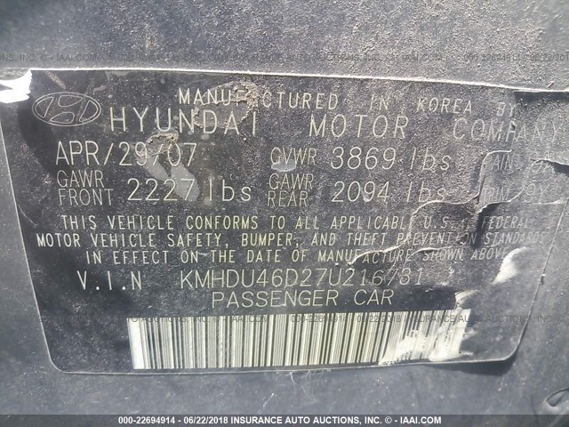 KMHDU46D27U216731 - 2007 HYUNDAI ELANTRA GLS/SE/LIMITED GRAY photo 9