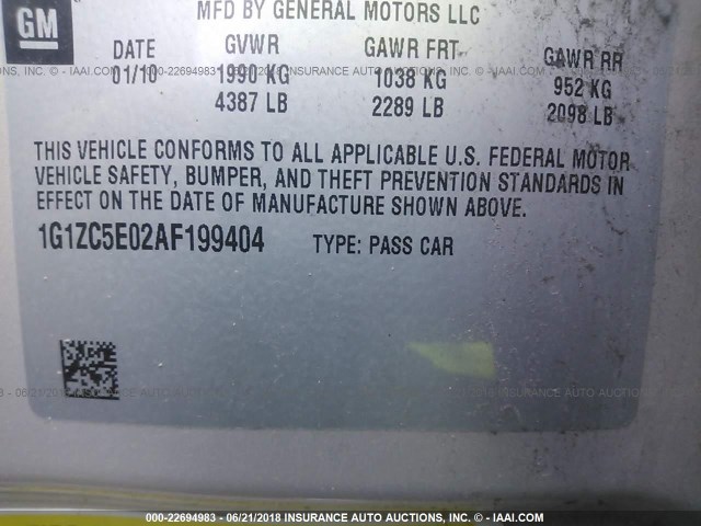 1G1ZC5E02AF199404 - 2010 CHEVROLET MALIBU 1LT ოქროსფერი ფოტო 9