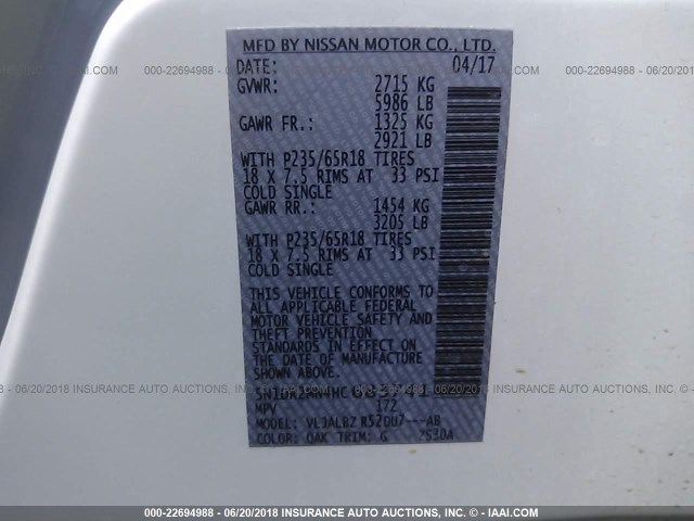 5N1DR2MN4HC683741 - 2017 NISSAN PATHFINDER S/SV/SL/PLATINUM WHITE photo 9