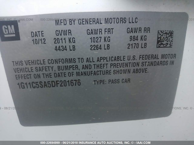 1G11C5SA5DF201676 - 2013 CHEVROLET MALIBU 1LT 白色 照片 9