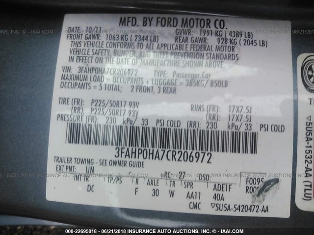 3FAHP0HA7CR206972 - 2012 FORD FUSION SE Mavi fotoğraf 9