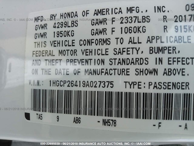 1HGCP26419A027375 - 2009 HONDA ACCORD LXP WHITE photo 9