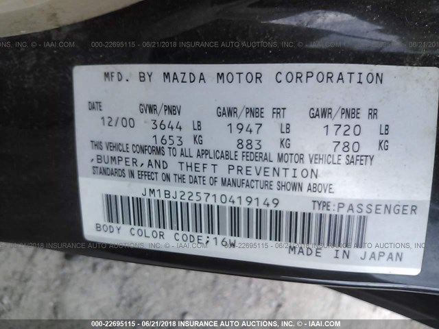 JM1BJ225710419149 - 2001 MAZDA PROTEGE LX/ES შავი ფოტო 9