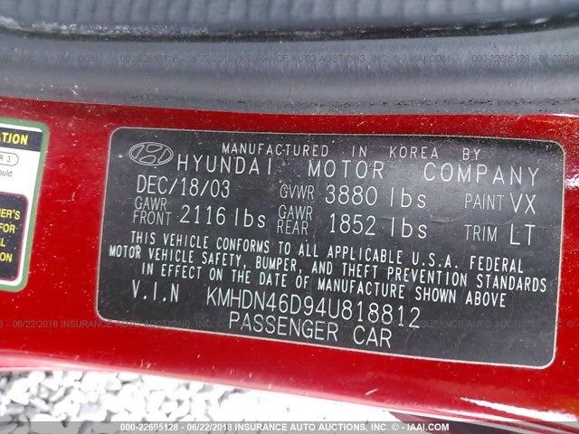 KMHDN46D94U818812 - 2004 HYUNDAI ELANTRA GLS/GT RED photo 9