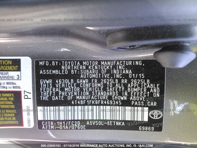 4T4BF1FK8FR469345 - 2015 TOYOTA CAMRY LE/XLE/SE/XSE BROWN photo 9