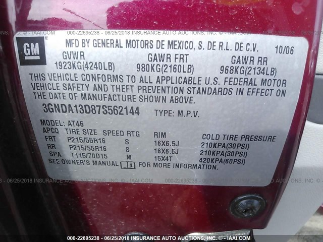 3GNDA13D87S562144 - 2007 CHEVROLET HHR LS მუქწითელი ფოტო 9