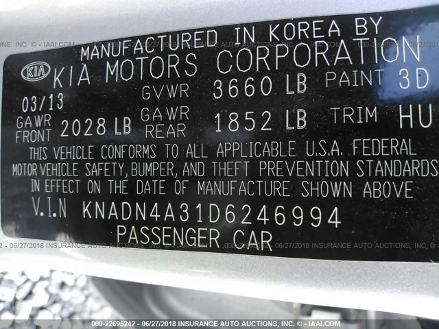 KNADN4A31D6246994 - 2013 KIA RIO EX/SX SILVER photo 9