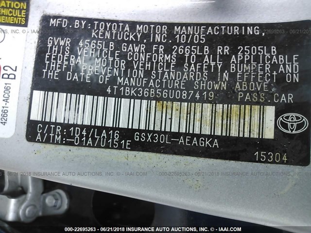 4T1BK36B56U087419 - 2006 TOYOTA AVALON XL/XLS/TOURING/LIMITED SILVER photo 9