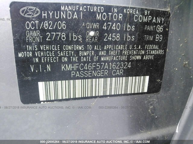 KMHFC46F57A162324 - 2007 HYUNDAI AZERA SE/LIMITED GRAY photo 9