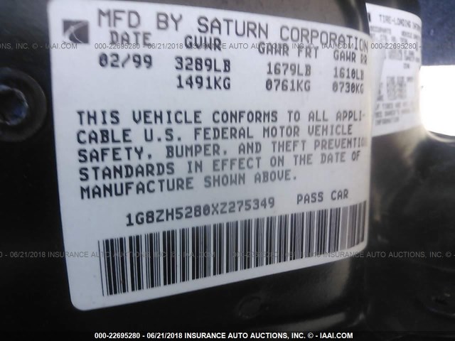 1G8ZH5280XZ275349 - 1999 SATURN SL1 PURPLE photo 9