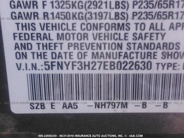 5FNYF3H27EB022630 - 2014 HONDA PILOT LX GRAY photo 9