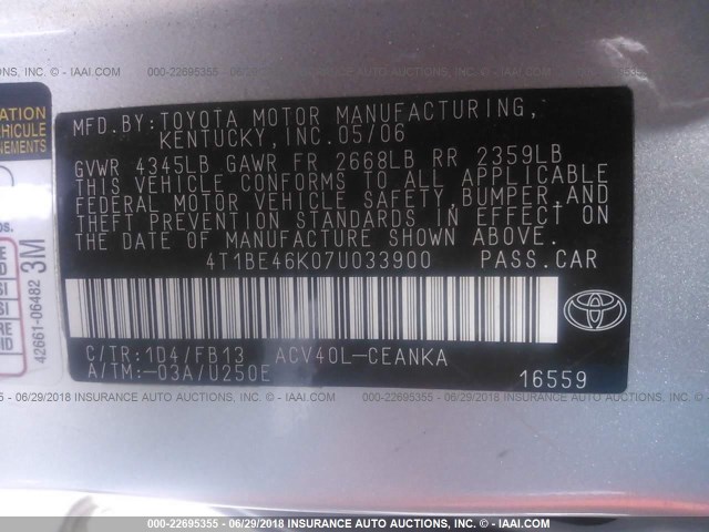 4T1BE46K07U033900 - 2007 TOYOTA CAMRY NEW GENERAT CE/LE/XLE/SE SILVER photo 9