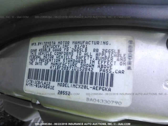 4T1BF28B71U152842 - 2001 TOYOTA AVALON XL/XLS SILVER photo 9