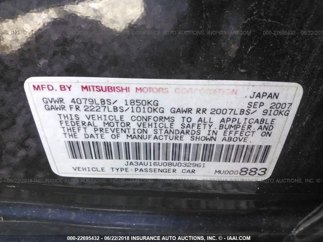 JA3AU16U08U032961 - 2008 MITSUBISHI LANCER DE BLACK photo 9