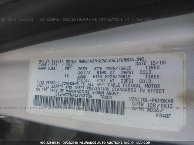 5TEHN72NX1Z743708 - 2001 TOYOTA TACOMA DOUBLE CAB ვერცხლისფერი ფოტო 9