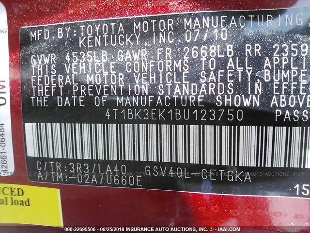 4T1BK3EK1BU123750 - 2011 TOYOTA CAMRY SE/LE/XLE წითელი ფოტო 9