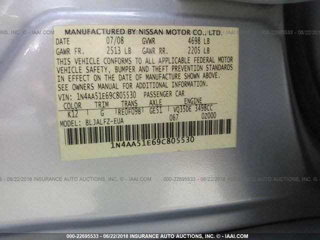 1N4AA51E69C805530 - 2009 NISSAN MAXIMA S/SV SILVER photo 9