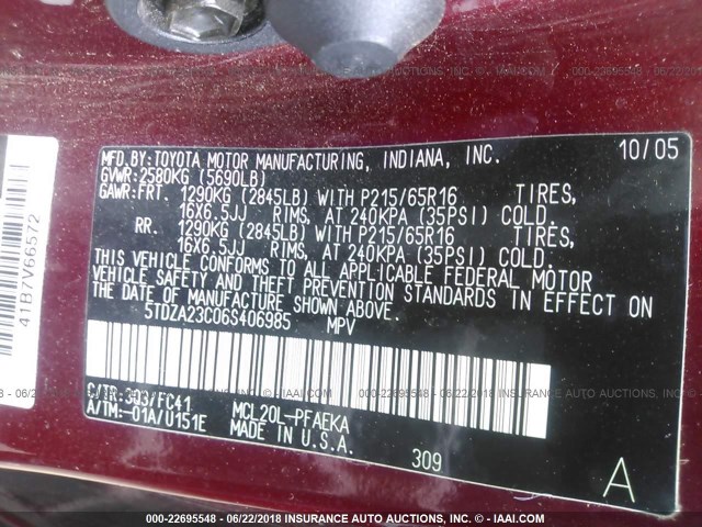 5TDZA23C06S406985 - 2006 TOYOTA SIENNA CE/LE RED photo 9