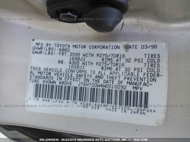 JT6HT00W4W0010092 - 1998 LEXUS LX 470 GOLD photo 9