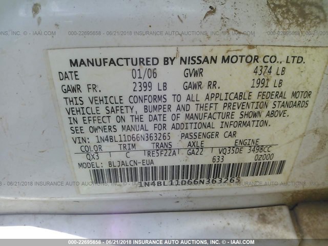 1N4BL11D66N363265 - 2006 NISSAN ALTIMA SE/SL/SE-R WHITE photo 9