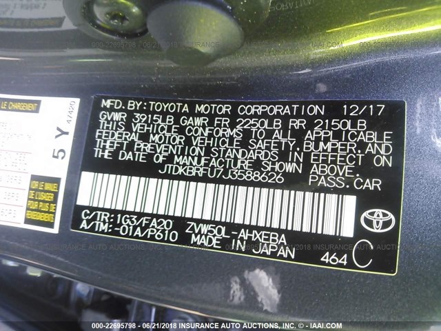 JTDKBRFU7J3588626 - 2018 TOYOTA PRIUS GRAY photo 9