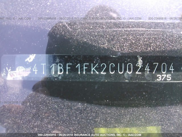 4T1BF1FK2CU024704 - 2012 TOYOTA CAMRY SE/LE/XLE 灰色 照片 9