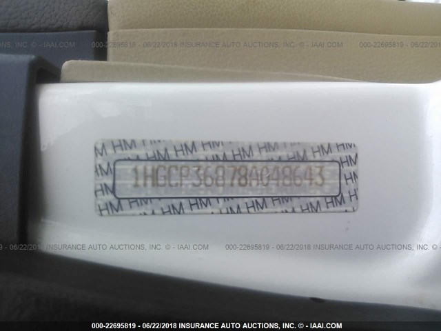 1HGCP36878A048643 - 2008 HONDA ACCORD EXL WHITE photo 9