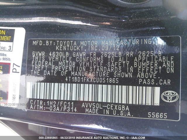 4T1BD1FKXCU051865 - 2012 TOYOTA CAMRY HYBRID/LE/XLE 蓝色 照片 9