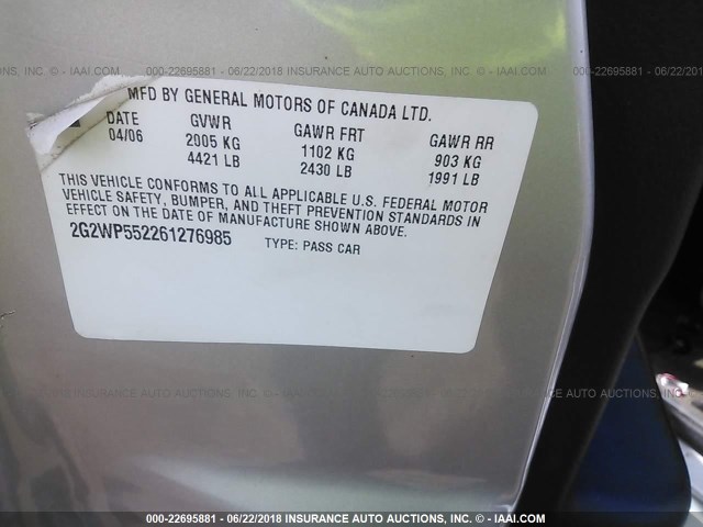 2G2WP552261276985 - 2006 PONTIAC GRAND PRIX SILVER photo 9