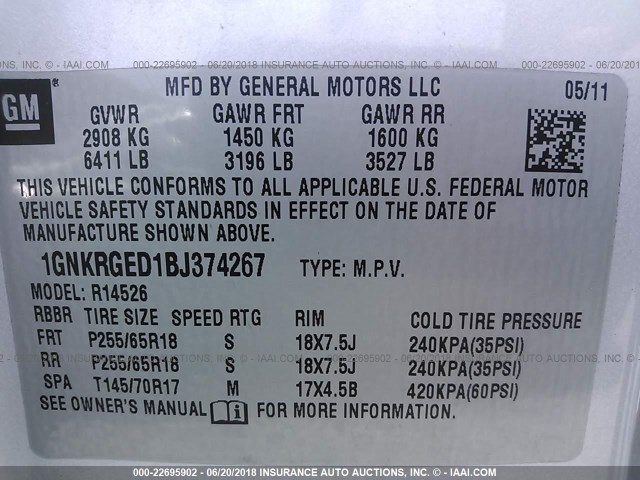 1GNKRGED1BJ374267 - 2011 CHEVROLET TRAVERSE LT SILVER photo 9