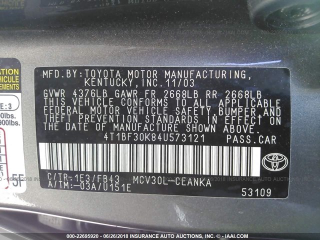 4T1BF30K84U573121 - 2004 TOYOTA CAMRY LE/XLE/SE ნაცრისფერი ფოტო 9