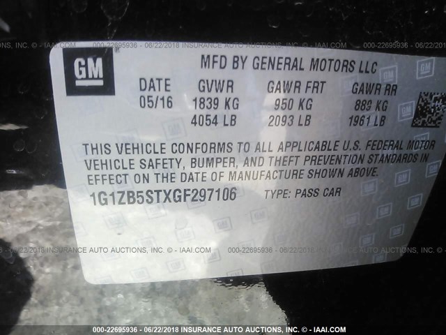 1G1ZB5STXGF297106 - 2016 CHEVROLET MALIBU LS BLACK photo 9
