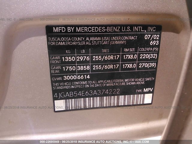 4JGAB54E63A374222 - 2003 MERCEDES-BENZ ML 320 TAN photo 9