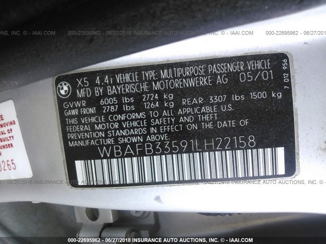 WBAFB33591LH22158 - 2001 BMW X5 4.4I SILVER photo 9