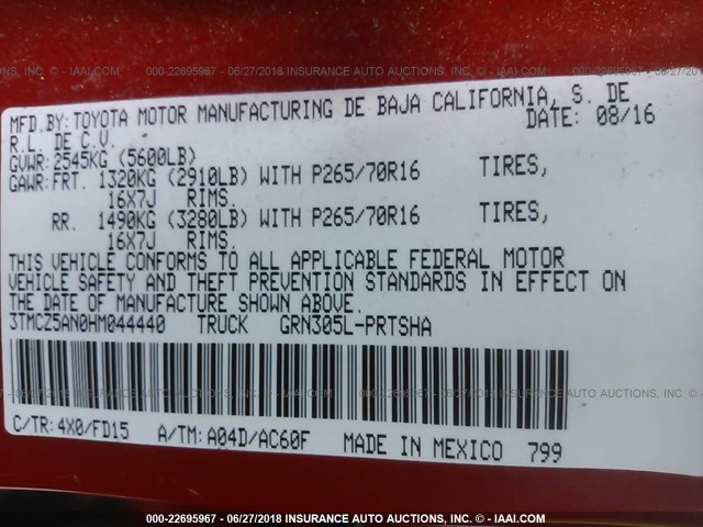 3TMCZ5AN0HM044440 - 2017 TOYOTA TACOMA DBL CAB/SR/TRDSPT/OR/PRO Қызғылт сары фото 9