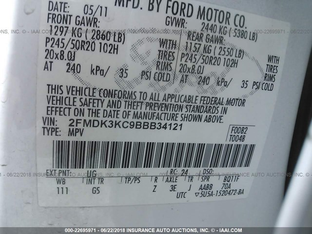2FMDK3KC9BBB34121 - 2011 FORD EDGE LIMITED WHITE photo 9