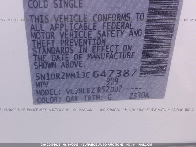 5N1DR2MM1JC647387 - 2018 NISSAN PATHFINDER S/SV/SL/PLATINUM 白色 照片 9