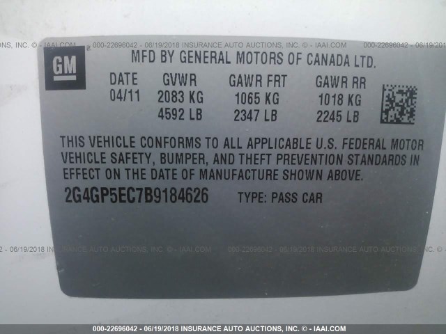 2G4GP5EC7B9184626 - 2011 BUICK REGAL WHITE photo 9