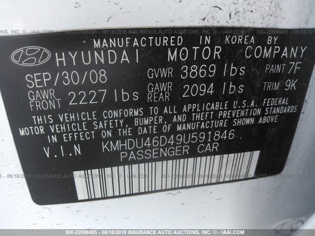 KMHDU46D49U591846 - 2009 HYUNDAI ELANTRA GLS/SE WHITE photo 9