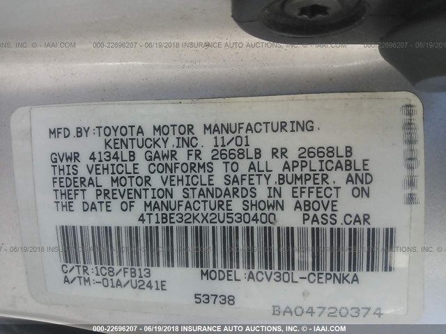 4T1BE32KX2U530400 - 2002 TOYOTA CAMRY LE/XLE/SE 银色 照片 9