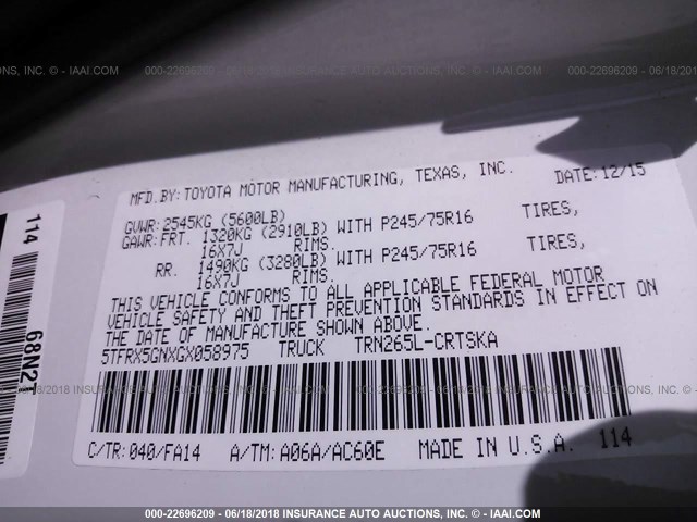 5TFRX5GNXGX058975 - 2016 TOYOTA TACOMA ACCESS CAB/SR/SR5 თეთრი ფოტო 9