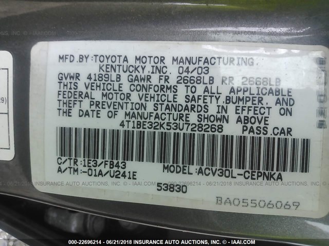 4T1BE32K53U728268 - 2003 TOYOTA CAMRY LE/XLE/SE ნაცრისფერი ფოტო 9