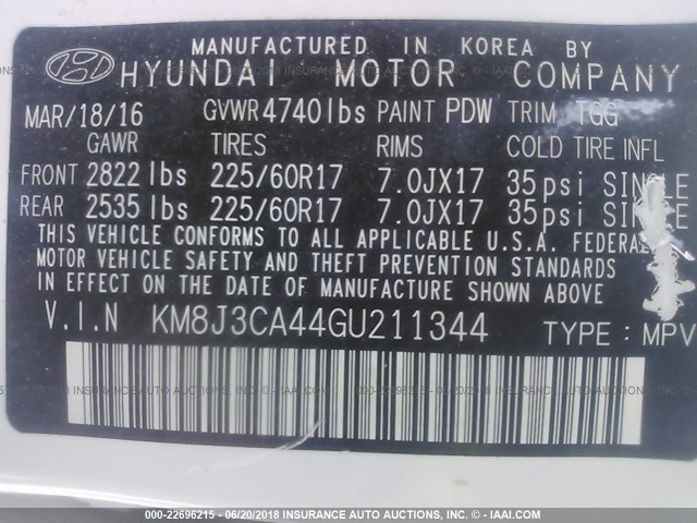 KM8J3CA44GU211344 - 2016 HYUNDAI TUCSON LIMITED/SPORT AND ECO/SE WHITE photo 9