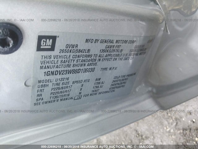 1GNDV23W88D106030 - 2008 CHEVROLET UPLANDER LS SILVER photo 9