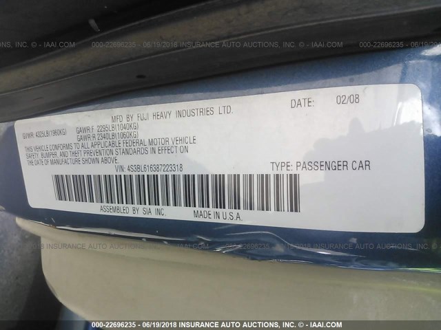 4S3BL616387223318 - 2008 SUBARU LEGACY 2.5I BLUE photo 9