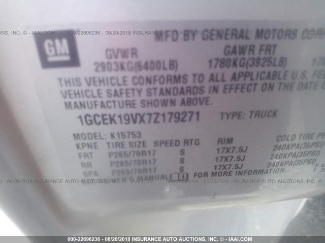 1GCEK19VX7Z179271 - 2007 CHEVROLET SILVERADO K1500 CLASSIC GRAY photo 9