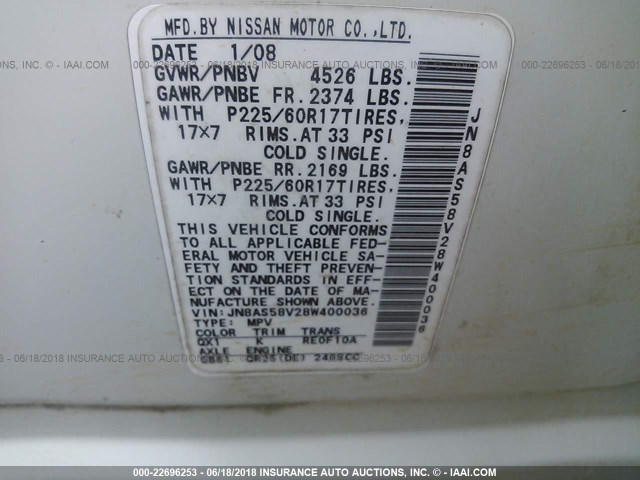 JN8AS58V28W400036 - 2008 NISSAN ROGUE S/SL WHITE photo 9