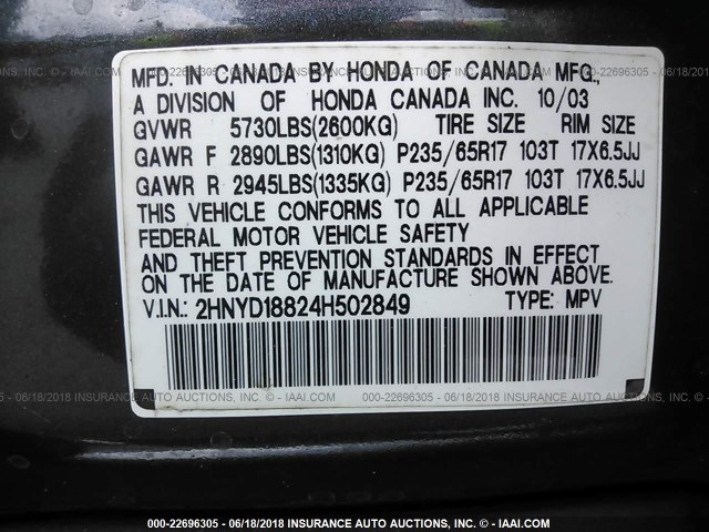 2HNYD18824H502849 - 2004 ACURA MDX TOURING GRAY photo 9