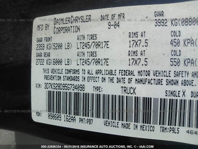 3D7KS28D95G734098 - 2005 DODGE RAM 2500 ST/SLT 蓝色 照片 9