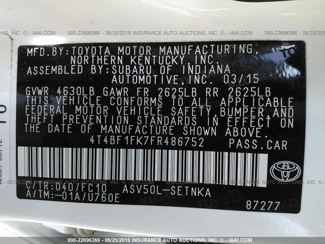 4T4BF1FK7FR486752 - 2015 TOYOTA CAMRY LE/XLE/SE/XSE WHITE photo 9